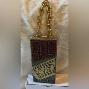 VIP Chocolate Bar Crystal-Embellished Clutch Wristlet - Gold Chain
